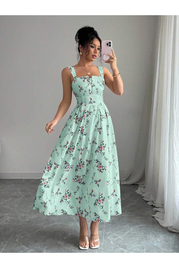 Women's Elegant Floral Print Gathered Waist Pleated Long Dress, Spring Summer Dress