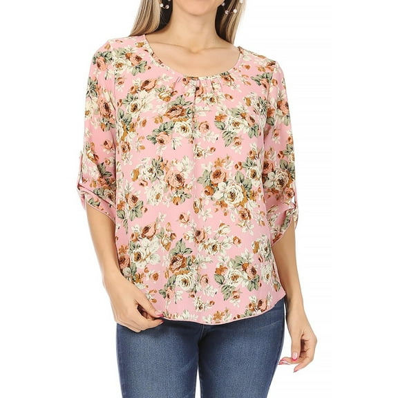 Women's Elegant Floral Print Tunic Casual Round Neck Roll Tab Sleeve Blouse Top