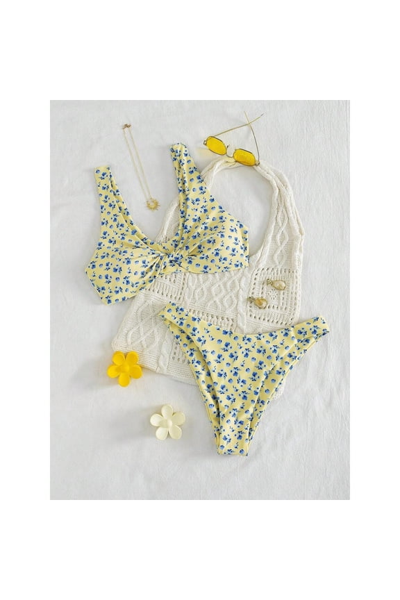 Women's Elegant Floral Print Twist Strap Bikini Two Pieces Swimsuit, Sweet Style For Beach Party Vacation Summer