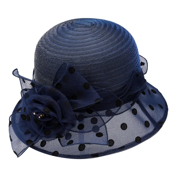 Women's Elegant Floral Sun Hat, Wide Brim Beach Hat for Sun Protection, Summer Tea Party Hat and Outdoor Wedding Hat, Flower Decorated Sun Visor - Navy