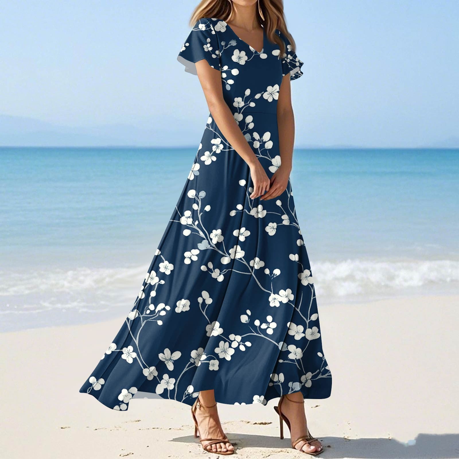 Women's Elegant Flutter Sleeve Dress Floral Chiffon Maxi Dress Flowy ...