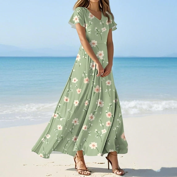 Women's Elegant Flutter Sleeve Dress Floral Chiffon Maxi Dress Flowy Wedding Guest Dress for Spring 2025 Green S