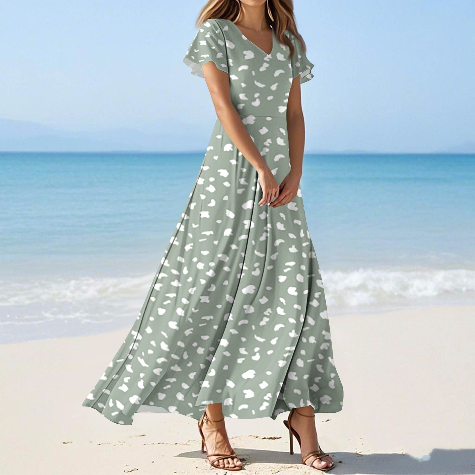 Women's Elegant Flutter Sleeve Dress Floral Chiffon Maxi Dress Flowy ...