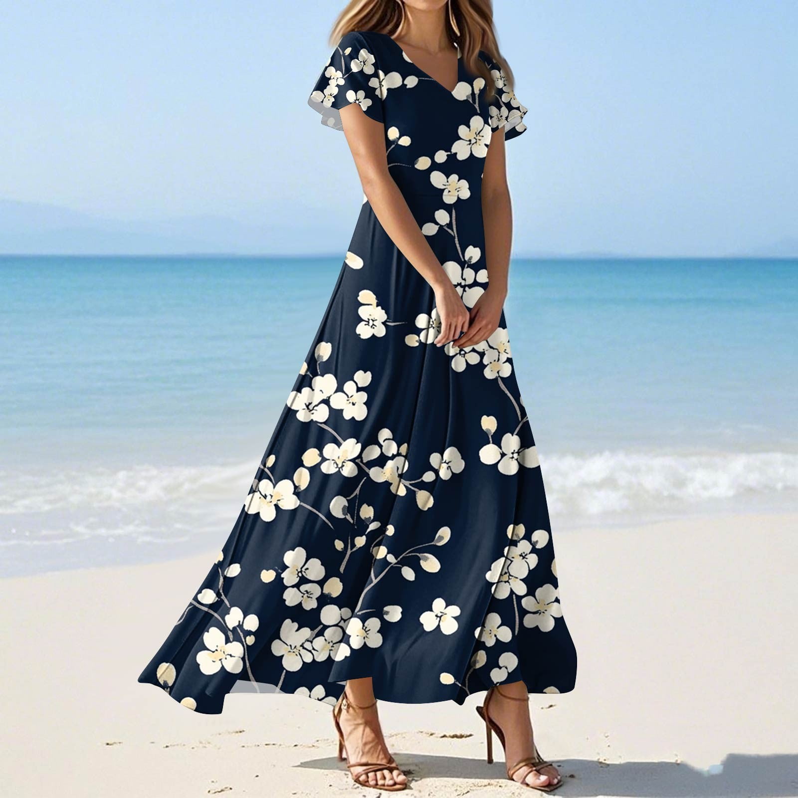 Women's Elegant Flutter Sleeve Dress Floral Chiffon Maxi Dress Flowy ...