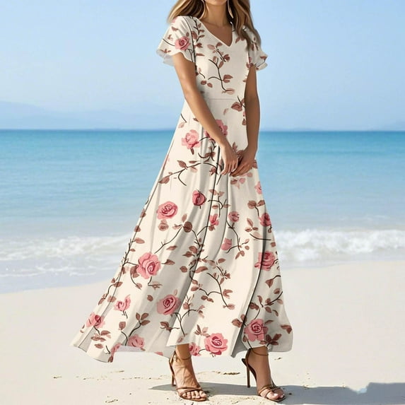 Women's Elegant Flutter Sleeve Dress Floral Chiffon Maxi Dress Flowy Wedding Guest Dress for Spring 2025 Pink M