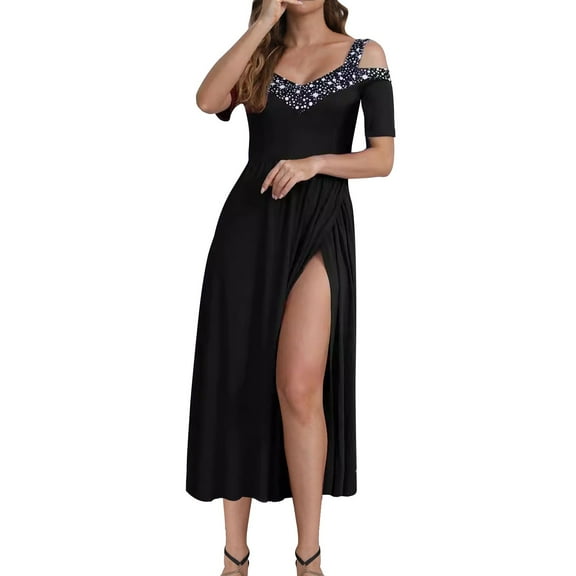 Women's Elegant Formal Maxi Dresses Short Sleeve V Neck Cold Shoulder Pleated High Slit Wedding Guest Cocktail Dress