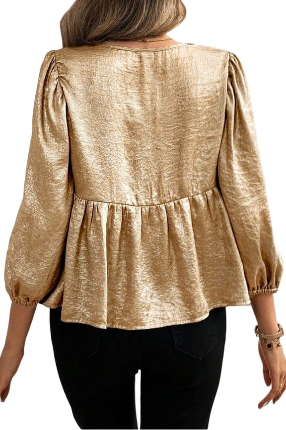 Women's Elegant Gold Bow Tie Front Puff Sleeve Ruffle Hem Blouse - [ZhiHiMeRi] | (US 16-18)XL