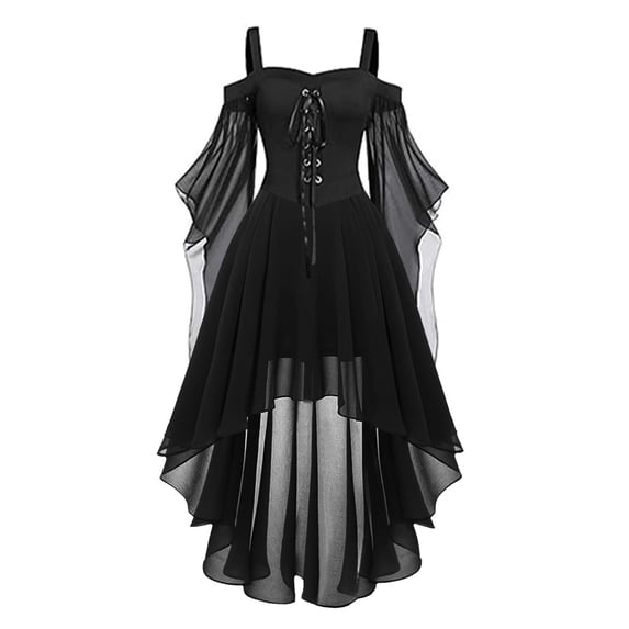Women's Elegant Gothic Court Dress for Halloween Featuring Cold Shoulder Neckline, Flutter Sleeves, Irregular Hem, and Solid Color Lace Up Steampunk
