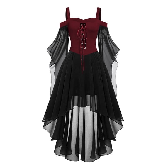 Women's Elegant Gothic Court Dress for Halloween Featuring Cold Shoulder Neckline, Flutter Sleeves, Irregular Hem, and Solid Color Lace Up Steampunk