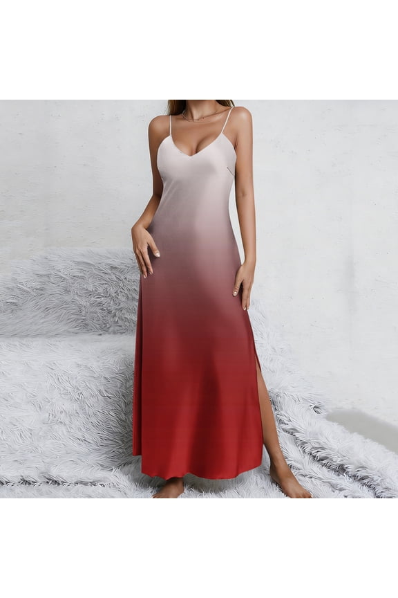 Women's Elegant Gradient Slip Maxi Dress Spaghetti Strap V Neck Sleeveless Backless Floor Length Satin Like Fabric Side Split Wedding Guest Cocktail Party