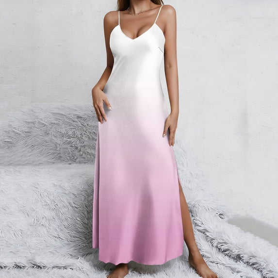 Women's Elegant Gradient Slip Maxi Dress Spaghetti Strap V Neck Sleeveless Backless Floor Length Satin Like Fabric Side Split Wedding Guest Cocktail Party