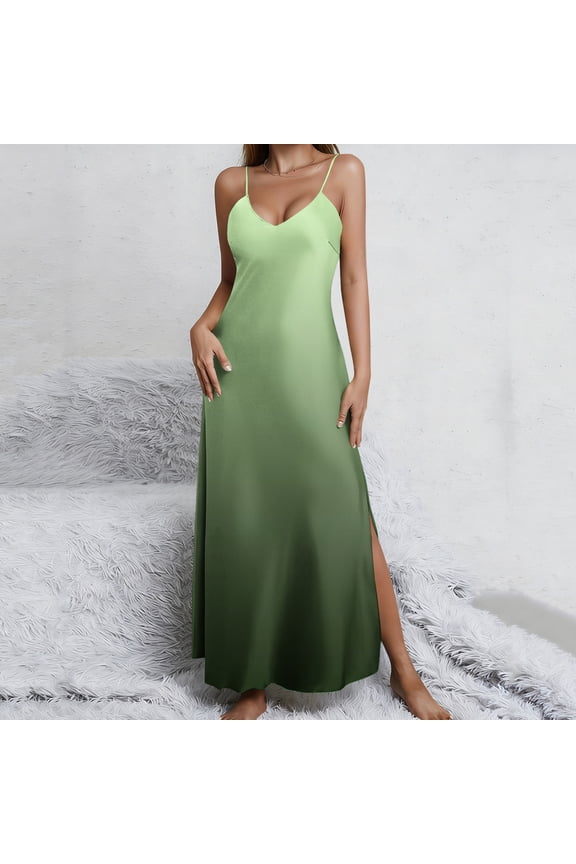 Women's Elegant Gradient Slip Maxi Dress Spaghetti Strap V Neck Sleeveless Backless Floor Length Satin Like Fabric Side Split Wedding Guest Cocktail Party