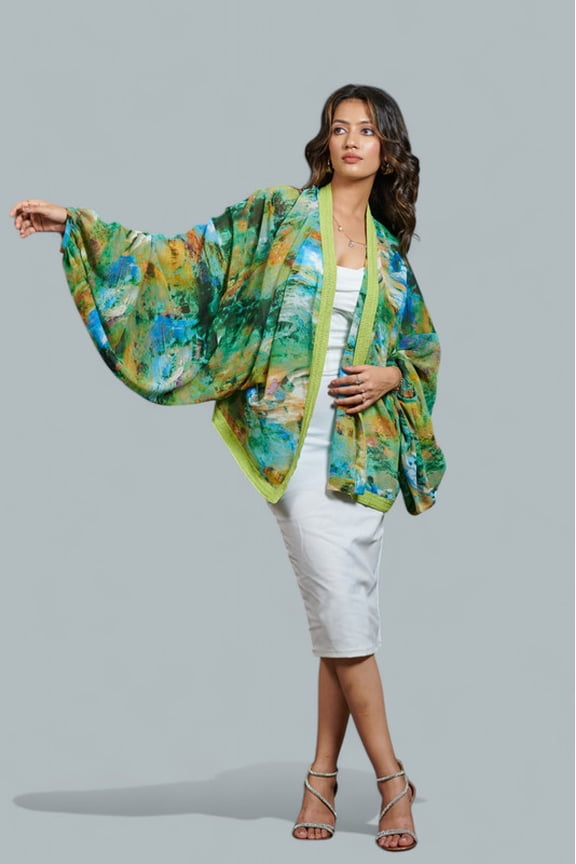 Women's Elegant Green & Blue Kimono Cardigan