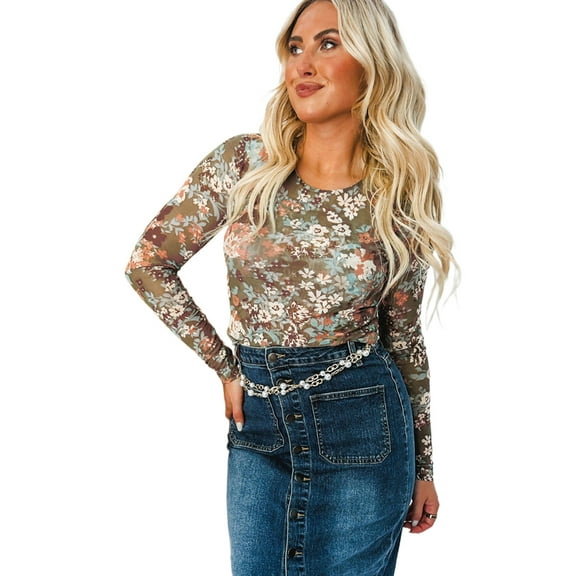 Women's Elegant Green Floral Print Mesh Fitted Long Sleeve Top | [ZhiHiMeRi] | (US 12-14)L