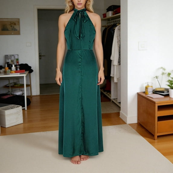 Women's Elegant Halter Neck Maxi Dress Sleeveless High Waist Backless Satin Style Evening Gown Flowy Long Dress For Wedding Guest Cocktail Formal Party