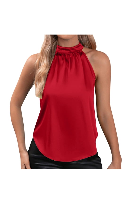 Women's Elegant Halter Sleeveless Satin Blouse Dressy Casual Self Tie Neck Keyhole Back Tank Top