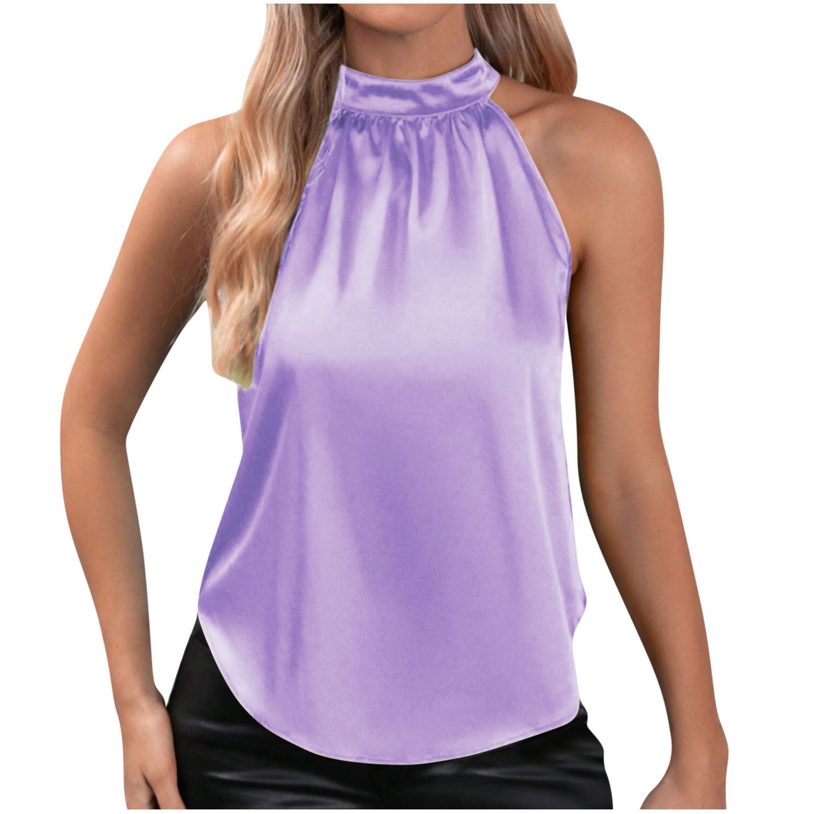 Women s Elegant Halter Sleeveless Satin Blouse Dressy Casual Self Tie Neck Keyhole Back Tank Top Walmart