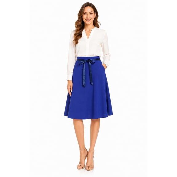 Women's Elegant High Waist A-Line Midi Skirt with Bow Tie Detail