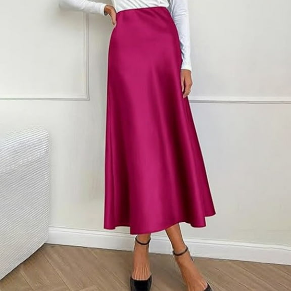 Women's Elegant High Waist Satin Skirt Stretchy Comfortable Flowy Midi Skirt for Casual Party Wear