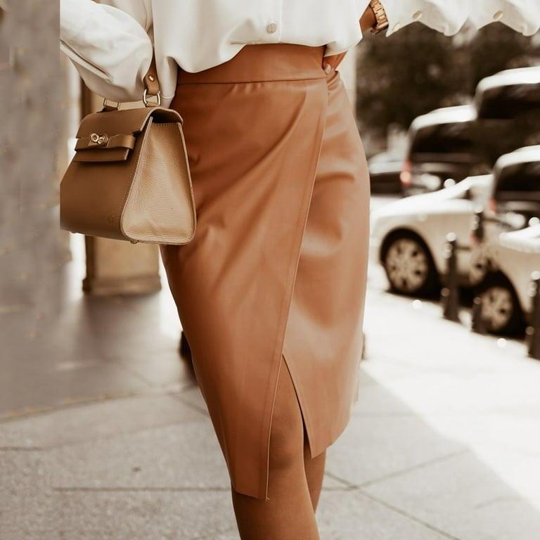 Women s Elegant High Waist Wrap PU Leather Midi Skirt Brown XL Walmart