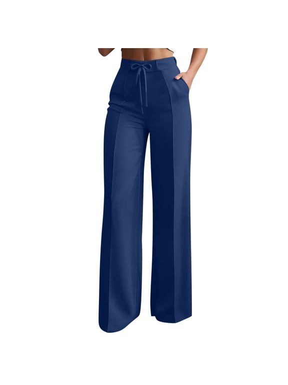 Women's Elegant High Waisted Dress Pants, Chic Drawstring Straight Leg Business Casual Trousers with Pockets