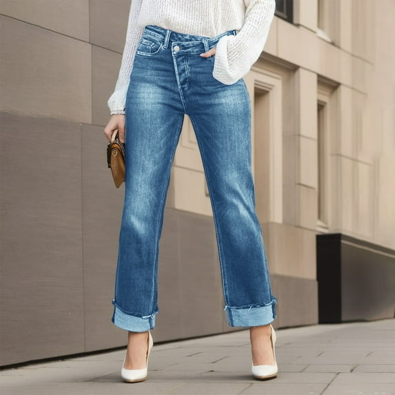 Women's Elegant High Waisted Straight Leg Jeans With Pockets And Stylish Rolled Hems Short Jean Pants for Women Jean 18 Denim Waist Long Stilt Pants Straight Women Slim Fit Pants Women plus Size Women