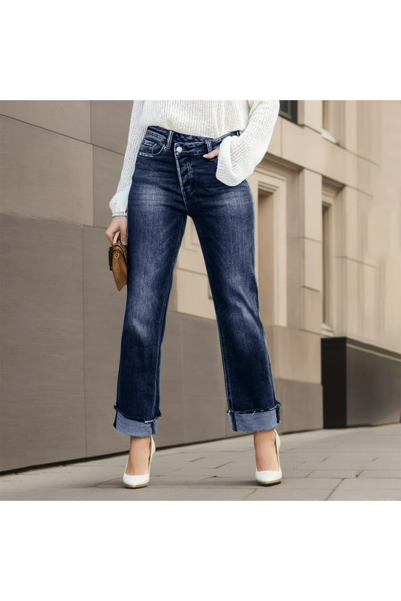 Women's Elegant High Waisted Straight Leg Jeans With Pockets And Stylish Rolled Hems Short Jean Pants for Women Jean 18 Denim Waist Long Stilt Pants Straight Women Slim Fit Pants Women plus Size Women