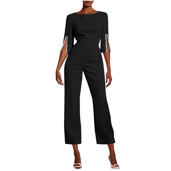Women's Elegant Jumpsuit 3/4 Split Sleeve Crew Neck Shirt Top Paired With Loose-Fitting Wide-Leg Pants