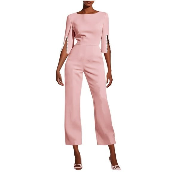 Women's Elegant Jumpsuit 3/4 Split Sleeve Crew Neck Shirt Top Paired With Loose-Fitting Wide-Leg Pants