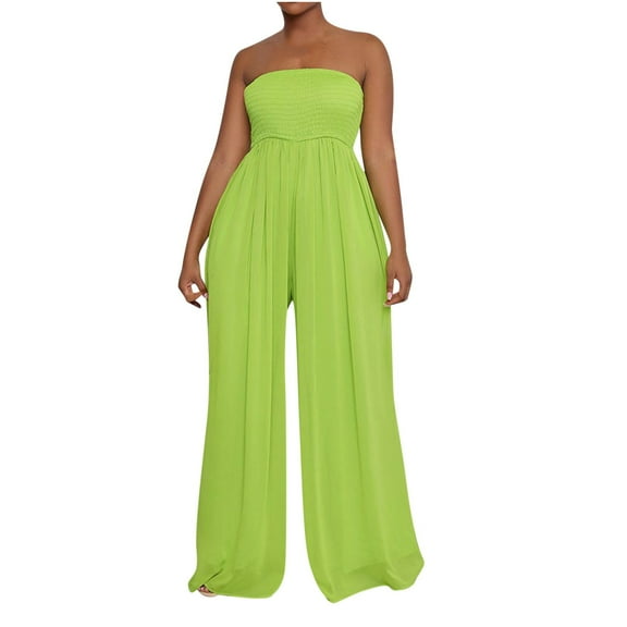 Women's Elegant Jumpsuits Summer Strapless Smocked Pleated Long Pants Romper with Pocket High Waist Tube Top Outfits, Green, L