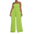 thumbnail image 1 of Women's Elegant Jumpsuits Summer Strapless Smocked Pleated Long Pants Romper with Pocket High Waist Tube Top Outfits, Green, XL, 1 of 4