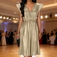 thumbnail image 1 of Women's Elegant Knee Length Wrap V Neck Dress Flutter Sleeve Elastic High Waist Metallic Textured Fabric Flowy A-Line Cocktail Wedding Guest Party Dress, 1 of 8