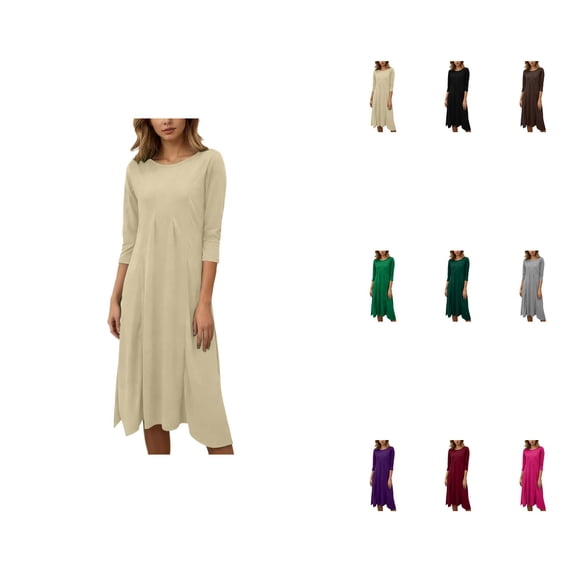 Women’s Elegant Knit Midi Dress with Crew Neck and 3/4 Sleeves, Soft Solid Stretch Fabric for Casual Wear, Loose Fit Comfortable Outfit for Spring, Summer, and Holiday Events