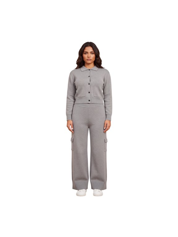Women’s Elegant Knit Polo Collar Cargo Wide-Leg Co-Ord Set
