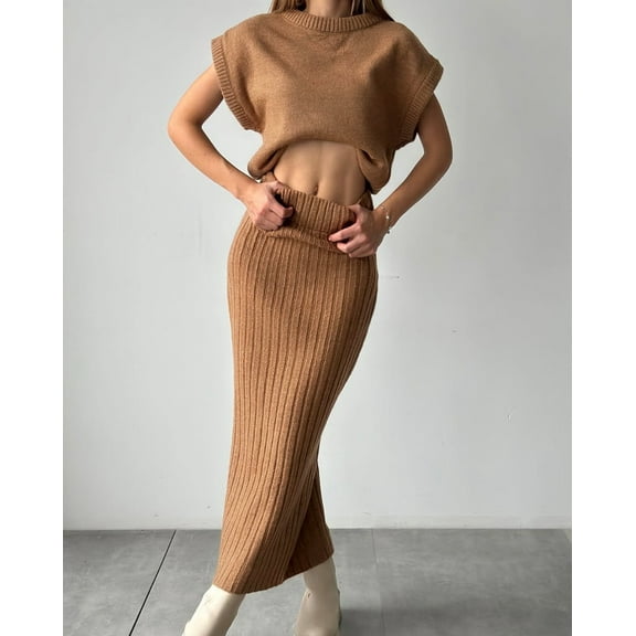 Women’s Elegant Knit Two-Piece Set – Cap Sleeve Crop Top & High-Waisted Midi Skirt, Soft Ribbed Fabric, Viscose Blend, Chic Matching Outfit