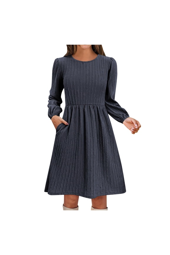 Women's Elegant Knitted Jacquard Casual Dress Round Neck Long Sleeve A-Line Pocket Comfortable Daily Wear