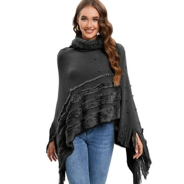 Women's Elegant Knitted Shawl Poncho with Fringed High-Neck Striped Sweater Pullover Cape