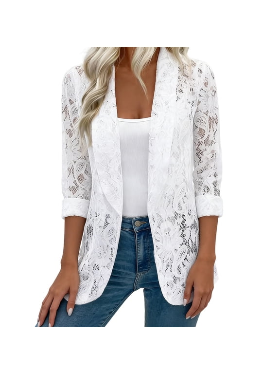 Women's Elegant Lace Blazer Open Front Sheer Mesh Blazer Coats Long Sleeve Casual Lightweight Dressy Summer Jacket