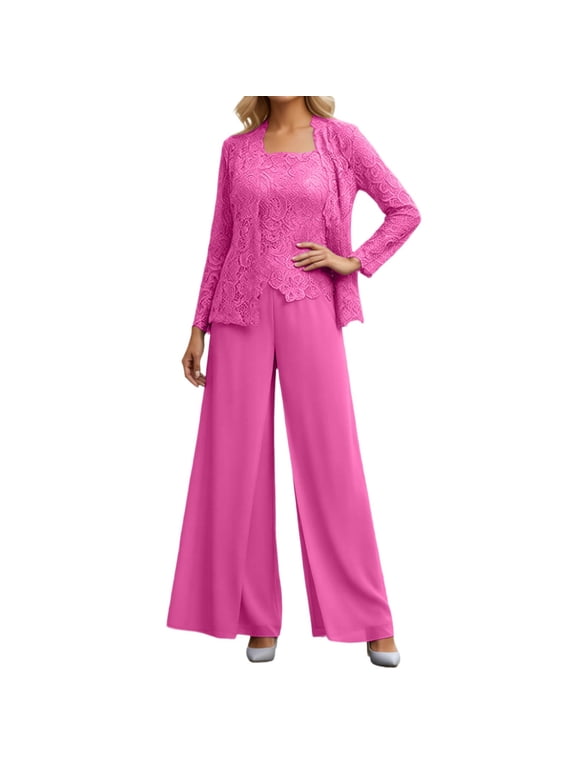 Women's Elegant Lace Cardigan Three Piece Evening Dress Sheer Chiffon Formal Gown,Hot Pink,10