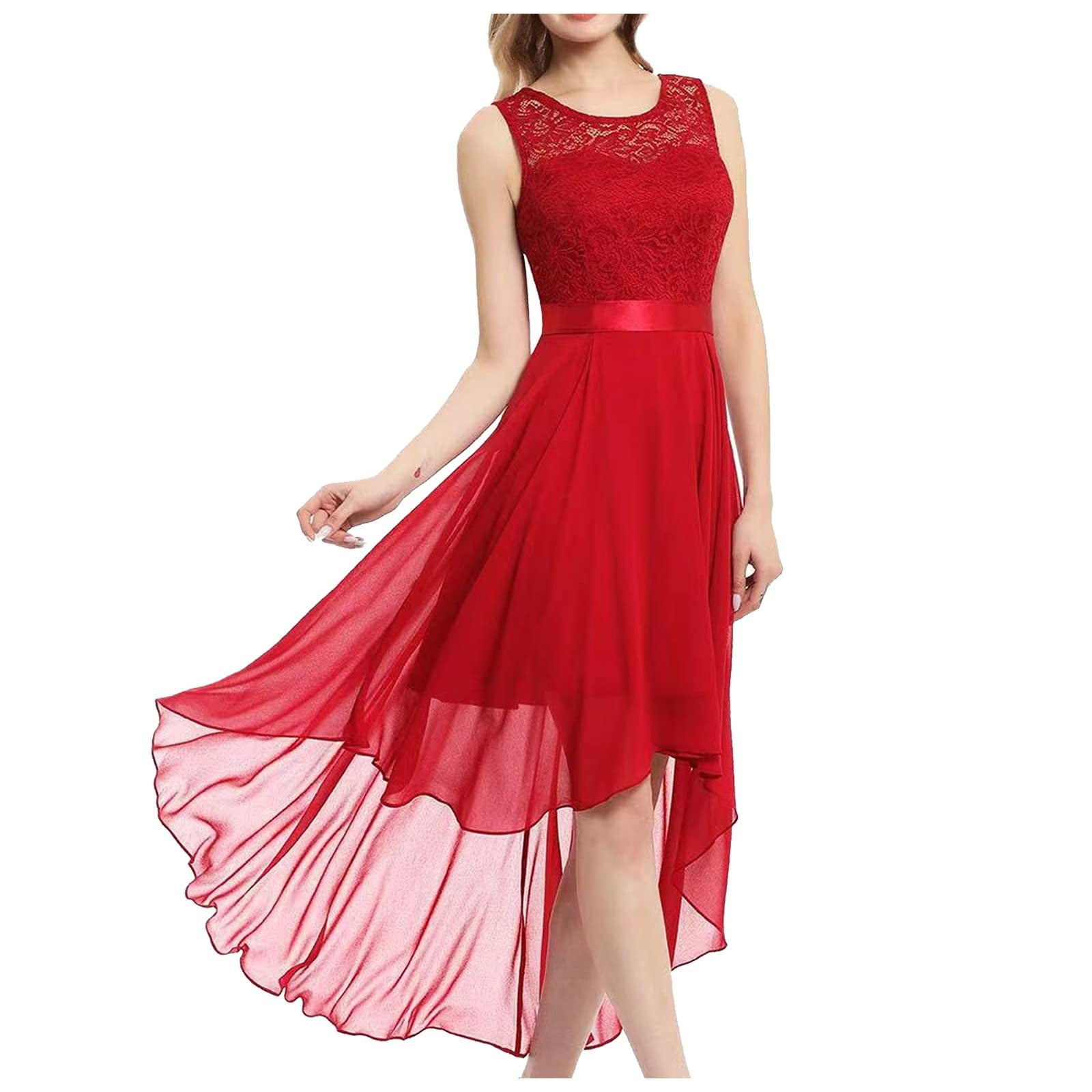 Women's Elegant Lace Cocktail Dress Sleeveless Hi-Lo Formal Maxi Dress ...