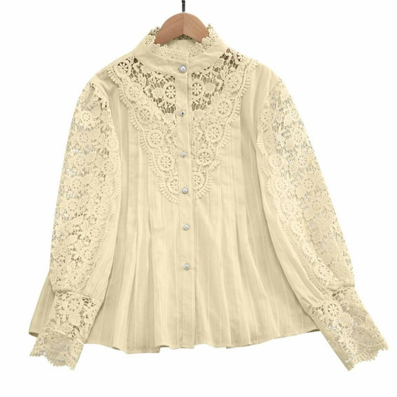 Women’s Elegant Lace Crochet Mock Neck Shirts Casual Victorian Blouse Long Sleeve Button Down Tops