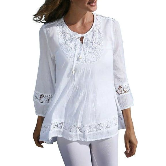 Women's Elegant Lace Hollow Blouse 3/4 Sleeve Casual Loose Fit Top with Floral Embroidery for Versatile Style