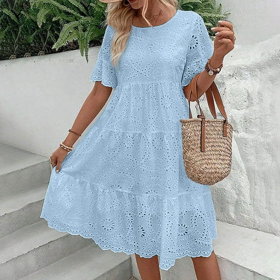 Women's Elegant Lace Jacquard Midi Dress V Neck Hollow Out Slim Fit Casual Summer Dress