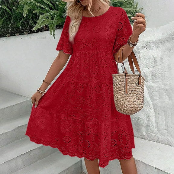 Women's Elegant Lace Jacquard Midi Dress V Neck Hollow Out Slim Fit Casual Summer Dress