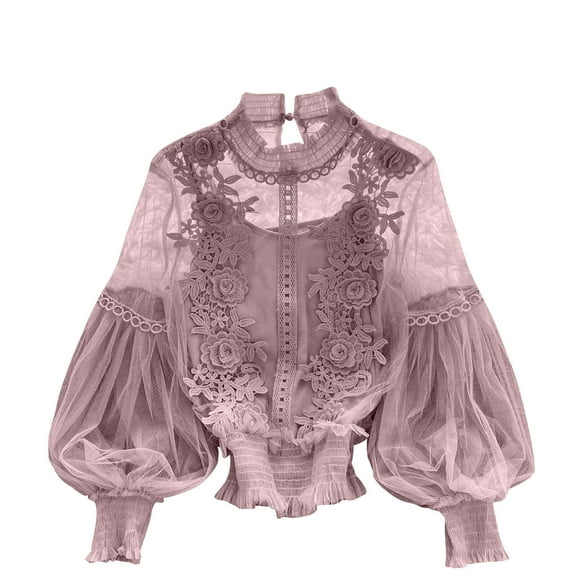Women’s Elegant Lace Shirts, Long Sleeve Casual Flower Lace Mesh Blouse Button Medieval Tops Sweatshirts for Women Loose Fitting Free Size