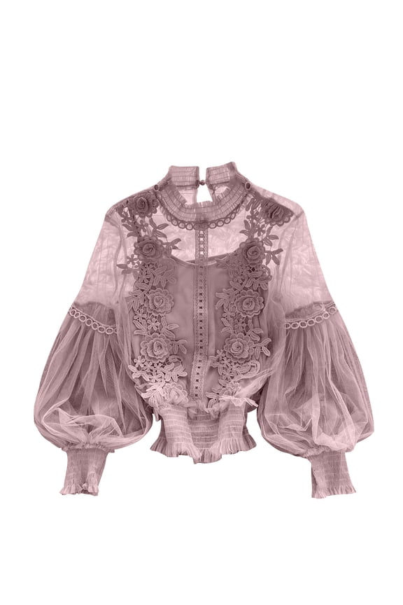 Women’s Elegant Lace Shirts, Long Sleeve Casual Flower Lace Mesh Blouse Button Medieval Tops Sweatshirts for Women Loose Fitting Free Size