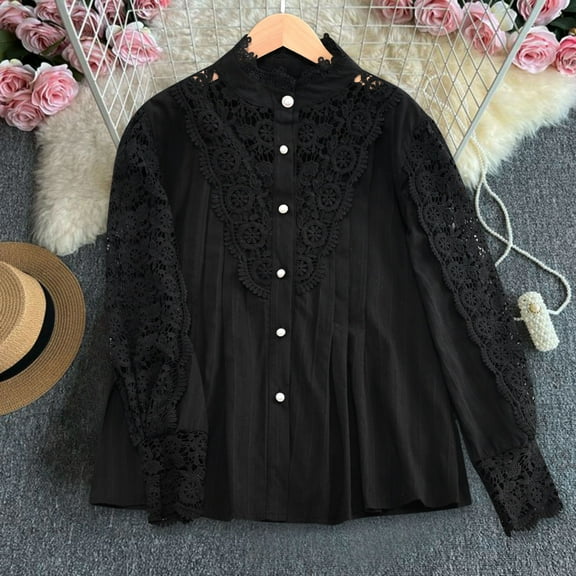Women’s Elegant Lace Shirts Solid Color Round Neck Casual Blouse Long Sleeve Button Down Tops