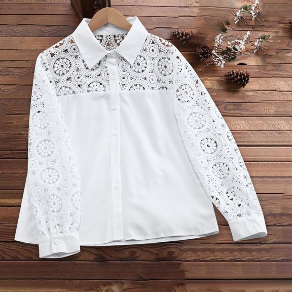 Women’s Elegant Lace Shirts Solid Color V-Neck Casual Blouse Long Sleeve Button Down Tops