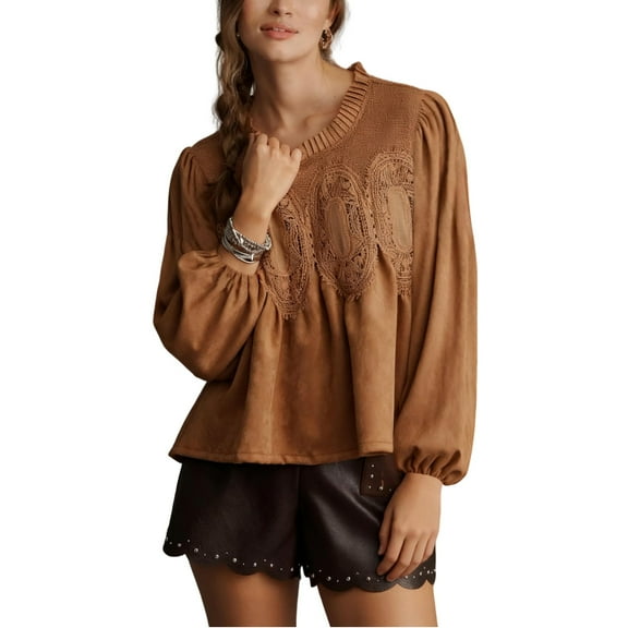Women's Elegant Lace Suede Flared Blouse Crew Neck Swing Babydoll Tops Intricate Mesh Loose Shirts