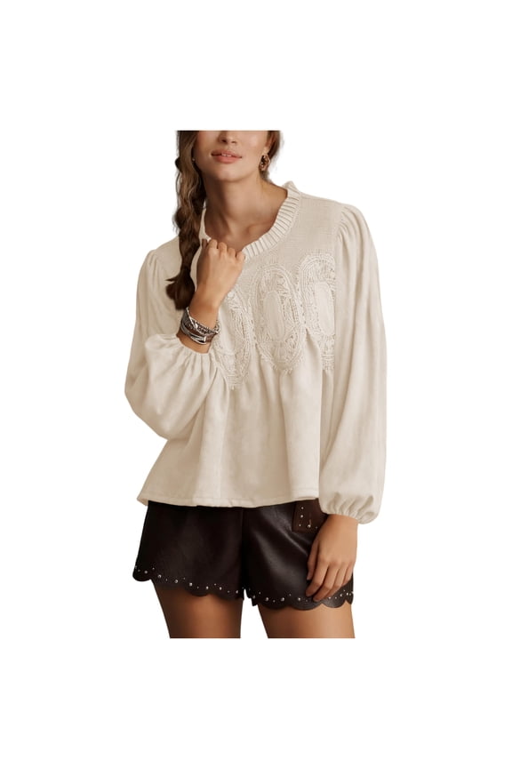 Women's Elegant Lace Suede Flared Blouse Crew Neck Swing Babydoll Tops Intricate Mesh Loose Shirts